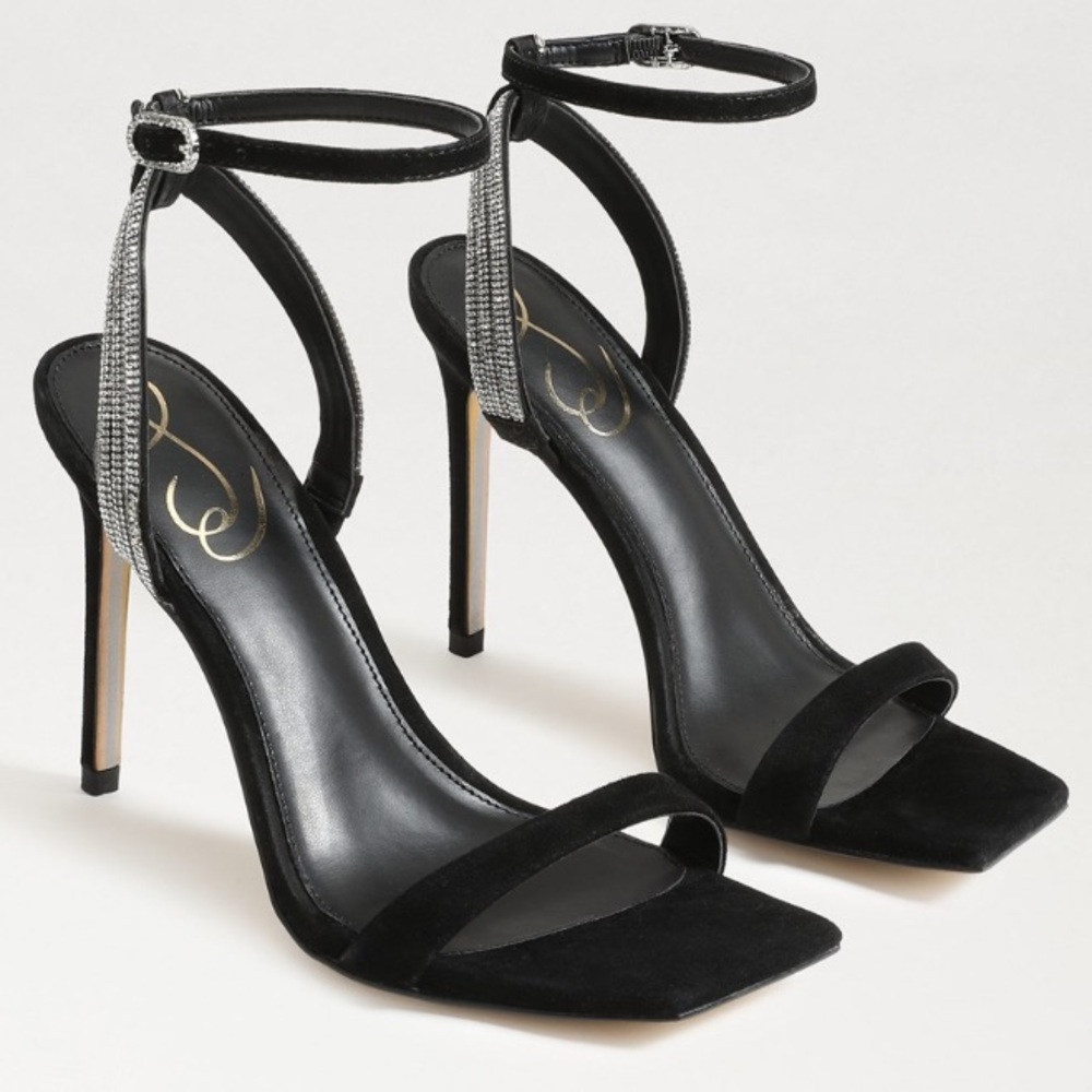 Sam Edelman Ophelia Black Stiletto Sandals with Rhinestone Accents